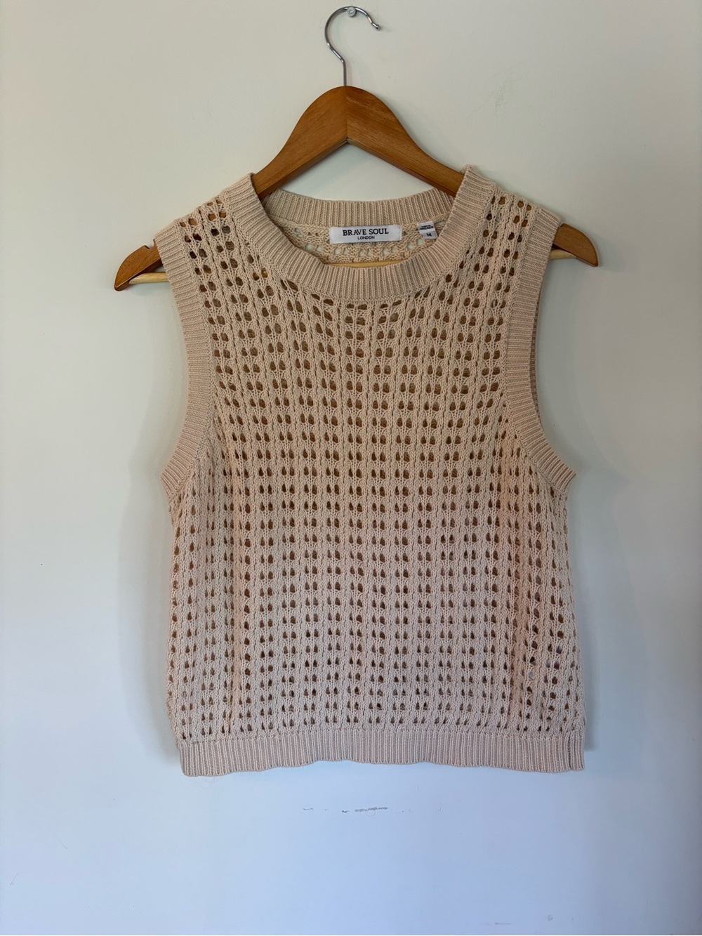 Brave Soul Openwork Crochet Sleeveless Vest - Light Beige